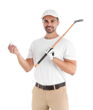 Portrait of young man with golf club and ball on white backgroundの写真素材