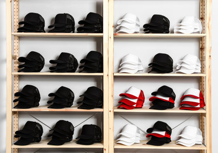 Wooden rack with different blank caps in storeの写真素材