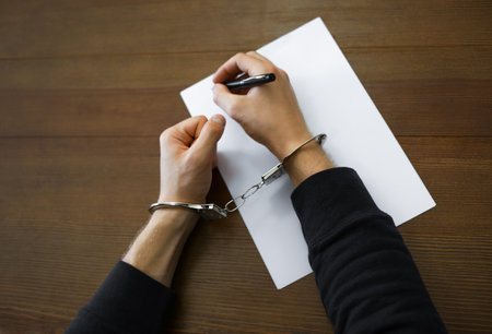 Criminal in handcuffs writing confession at desk, top viewの写真素材