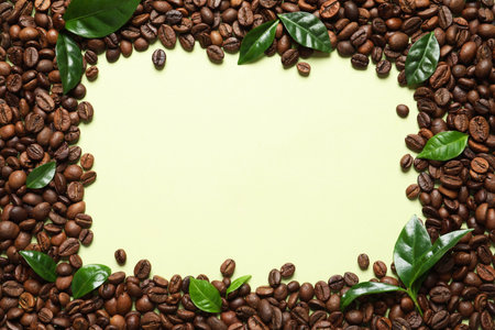 Frame made of fresh green coffee leaves and beans on light green background, top view. Space for textの写真素材