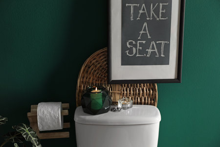 Decor elements, paper roll and toilet bowl near green wall. bathroom interiorの写真素材
