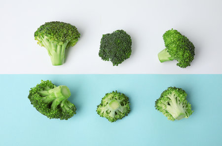Flat lay composition with fresh green broccoli on color backgroundの写真素材