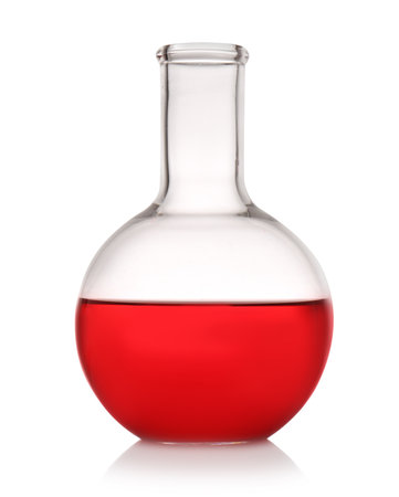Florence flask with color liquid isolated on white. solution chemistryの写真素材