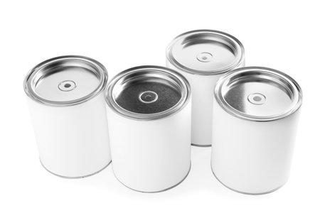Closed blank cans of paint isolated on whiteの写真素材