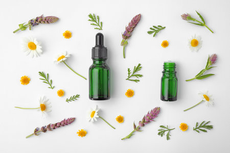 Bottles of different essential oils and wildflowers on white background, top viewの写真素材