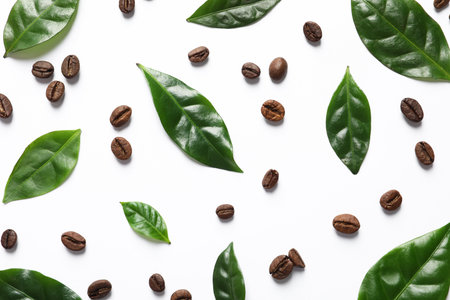 Fresh green coffee leaves and beans on white background, top viewの写真素材
