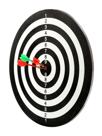 Arrows hitting target on dart board against white backgroundの写真素材