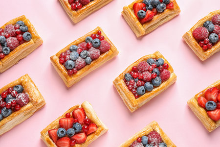 Fresh delicious puff pastry with sweet berries on pink background, flat layの写真素材