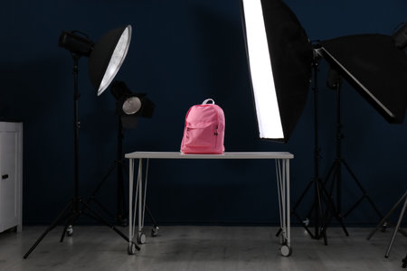 Shooting of bright backpack for product promotion in photo studioの写真素材