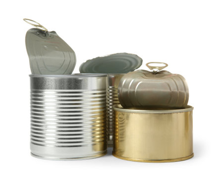 Open tin cans isolated on white, mockup for designの写真素材