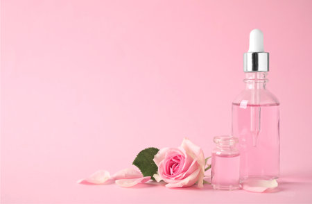 Bottles of essential oil and rose on pink background. Space for textの写真素材