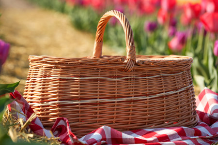 Wicker basket and checkered picnic tablecloth in fieldの写真素材