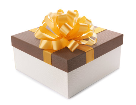 Beautiful gift box with bow on white backgroundの写真素材