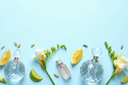 Flat lay composition with elegant perfumes on light blue background, space for textの写真素材