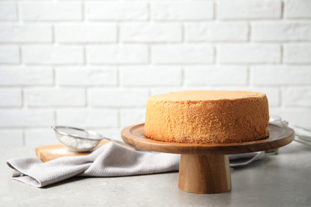 Delicious fresh homemade cake on light gray marble tableの写真素材