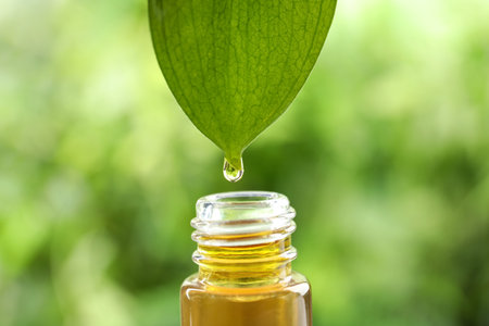 Essential oil drop falling from leaf into glass bottle against blurred green background, closeupの写真素材