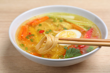 Chopsticks with noodles over bowl of tasty ramen on wooden tableの写真素材