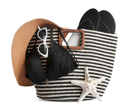 Set of beach accessories on white backgroundの写真素材