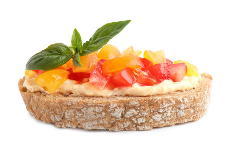 Tasty fresh tomato bruschetta on white backgroundの写真素材