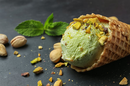 Delicious pistachio ice cream on dark table, closeupの写真素材