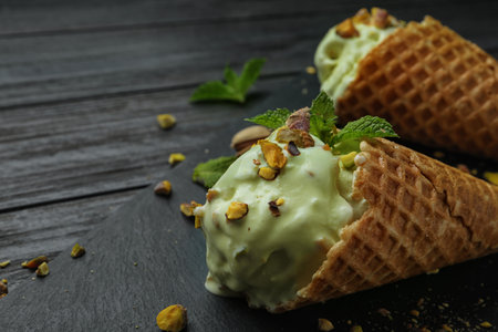 Delicious green ice cream served on wooden table, closeup. Space for textの写真素材