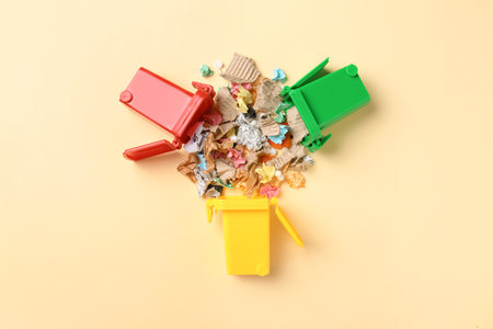 Trash bins and different garbage on color background, top view. Waste recycling conceptの写真素材
