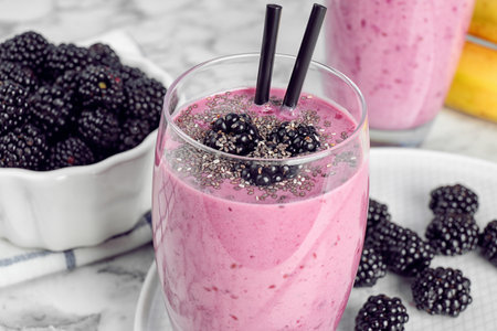 Delicious blackberry smoothie in glass on marble table, closeupの写真素材