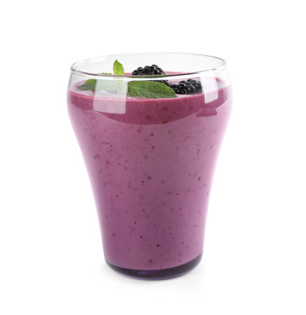 Delicious blackberry smoothie in glass on white backgroundの写真素材