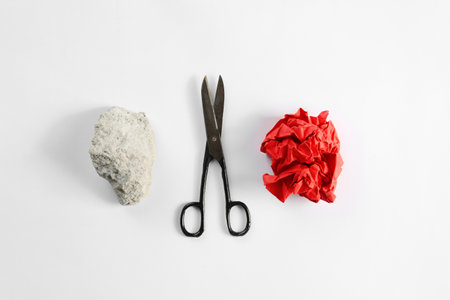 Rock, paper and scissors on white background, top viewの写真素材