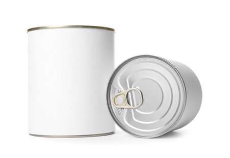 Closed tin cans isolated on white, mockup for designの写真素材