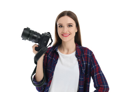 Professional photographer with modern camera on white background