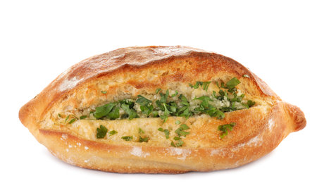 Delicious homemade garlic bread with herbs on white background