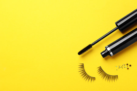 False eyelashes and mascara on yellow background, flat lay. Space for textの写真素材