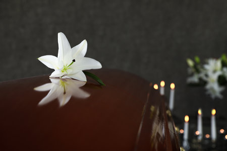 Wooden casket with white lily in funeral home, closeup. Space for textの写真素材