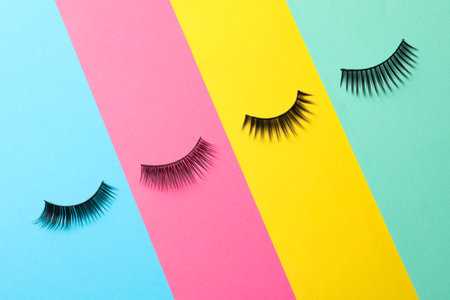 False eyelashes on color background, flat lay