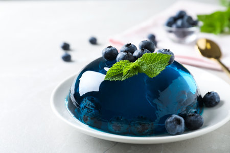 Delicious jelly with blueberries and mint on gray tableの写真素材