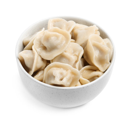 Tasty dumplings in bowl isolated on whiteの写真素材