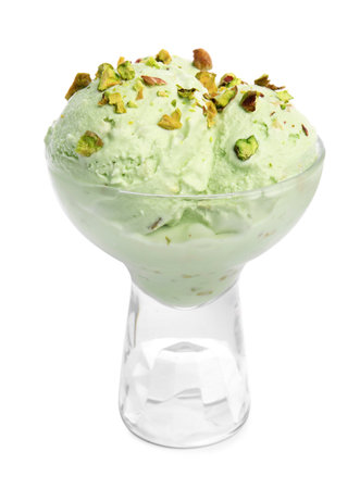 Dishware of sweet pistachio ice cream on white backgroundの写真素材