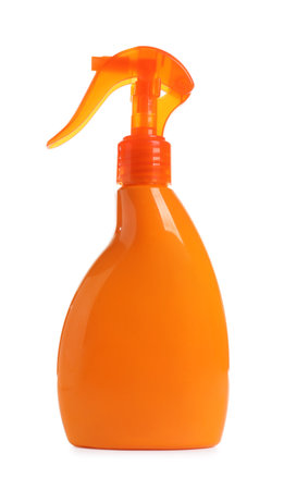 Bottle with sunscreen spray on white background. Cosmetic productの写真素材