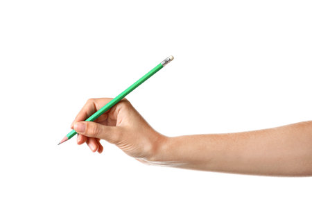 Young woman holding pencil on white background, closeupの写真素材