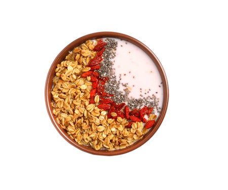Smoothie bowl with goji berries on white background, top viewの写真素材