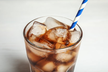 Glass of refreshing soda drink with ice cubes and straw on white background, closeupの写真素材