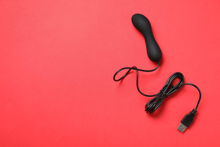Black electric powered vibrator on red background, top view with space for text. sex toy