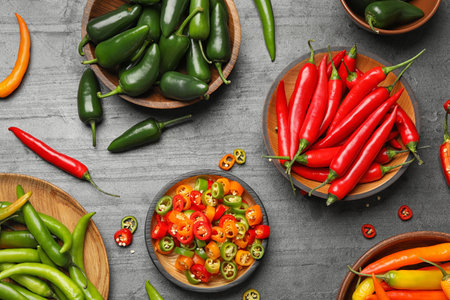 Different ripe hot chili peppers on gray table, flat layの写真素材