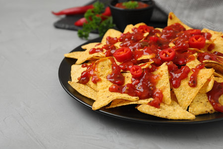Plate of Mexican nacho chips with sauce on gray tableの写真素材