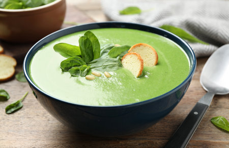 Bowl of healthy green soup with fresh spinach on wooden tableの写真素材