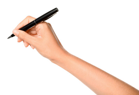 Young woman holding pen on white background, closeupの写真素材