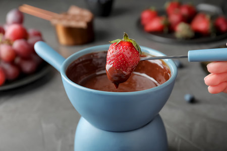 Woman dipping strawberry into pot with chocolate fondue at table, closeupの写真素材