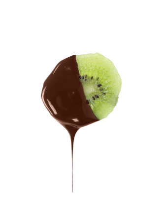 Tasty kiwi dipped into chocolate fondue on white backgroundの写真素材