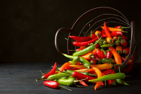 Hot chili peppers on table against black background, space for text